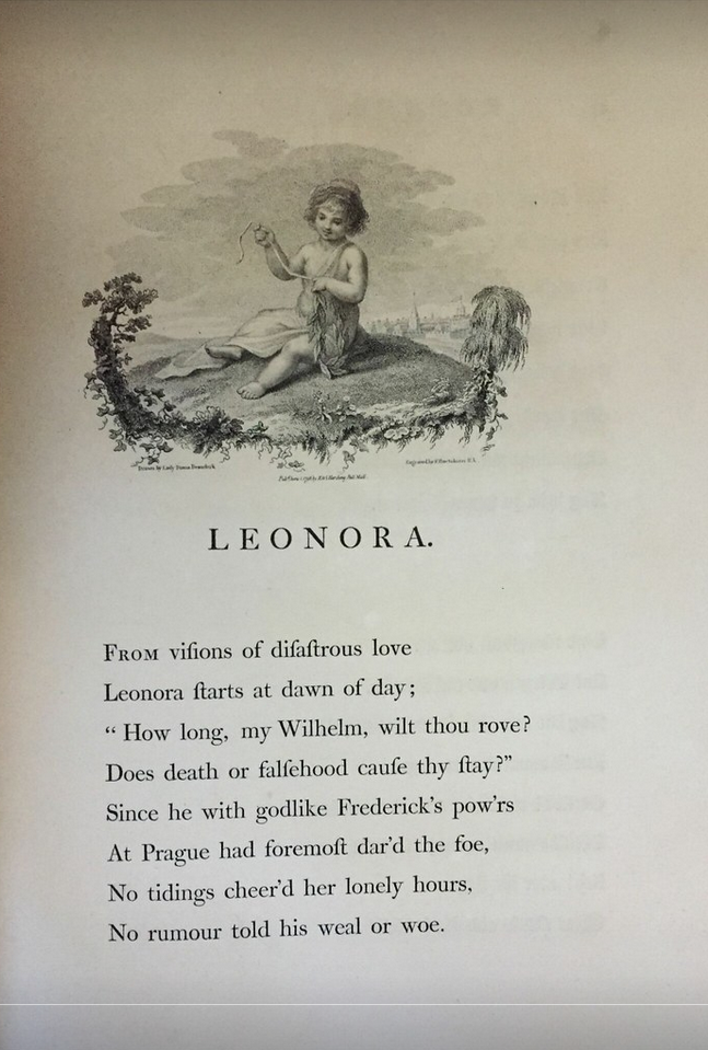 From Leonora (London, 1796), illustration by Diana Beauclerk, engraved by Francesco Bartolozzi. ZSR Library Special Collections copy.