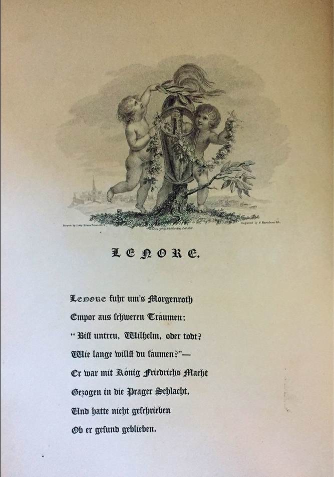 From Leonora, translated from the German of Gottfried Augustus Bürgher by W. R. Spencer, with designs by the Right Honourable Lady Diana Beauclerc (London: Printed by T. Bensley for J. Edwards and E. and S. Harding, 1796). ZSR Library Special Collections copy.